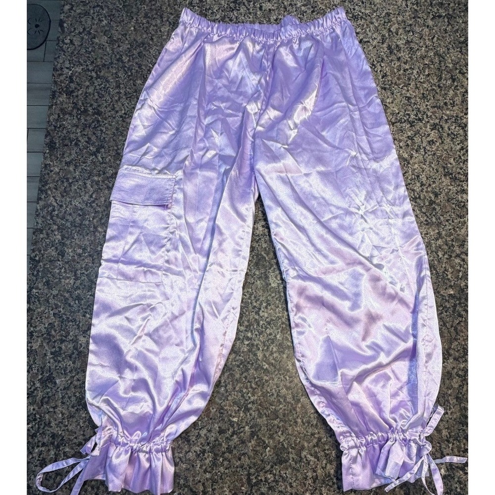 Jammilicious Purple Satin Cargo Pajama Pants XL Ruffle Tie Cuff Lounge Sleepwear